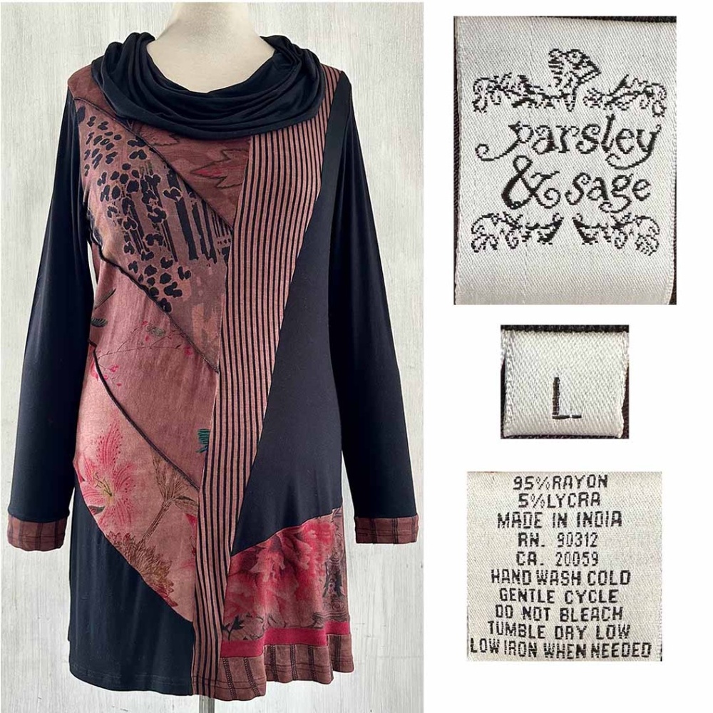 PARSLEY & SAGE Women Large Boho Lagenlook Tunic Top Red Multi Cowl Neck